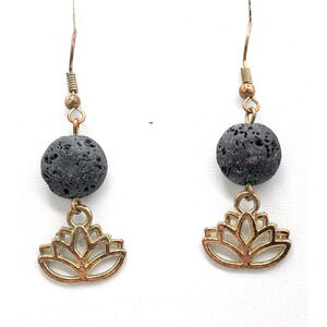 Lava Stone Diffuser Earrings Lotus Flower Gold Tone Add a Fragrance Drop Dangles